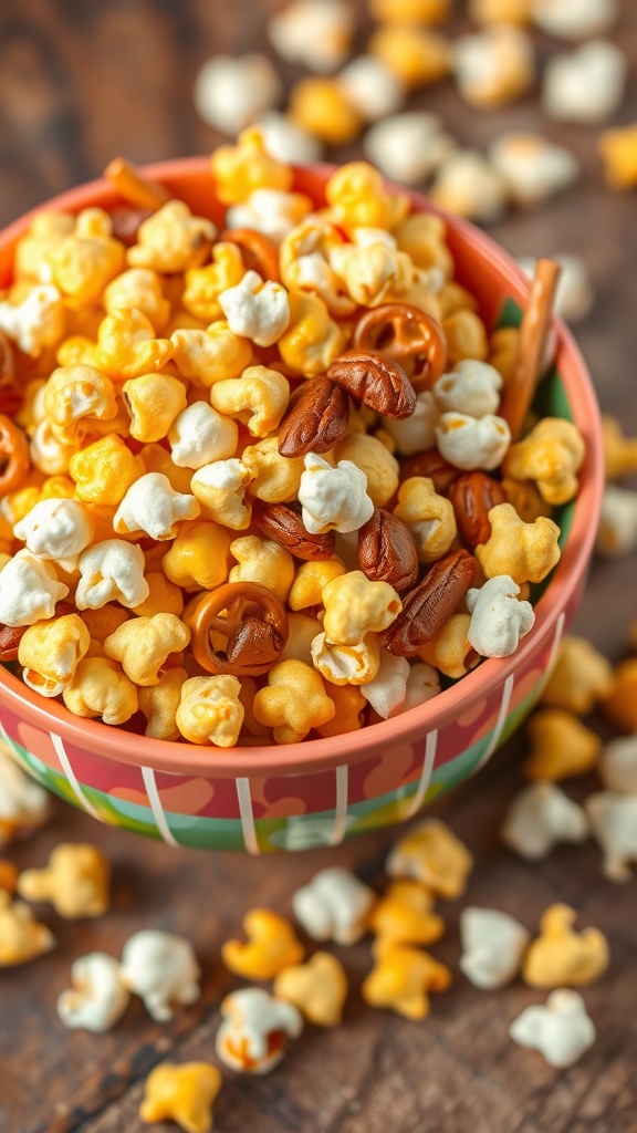 A colorful bowl of savory snack mix with popcorn, nuts, and pretzels on a wooden table.